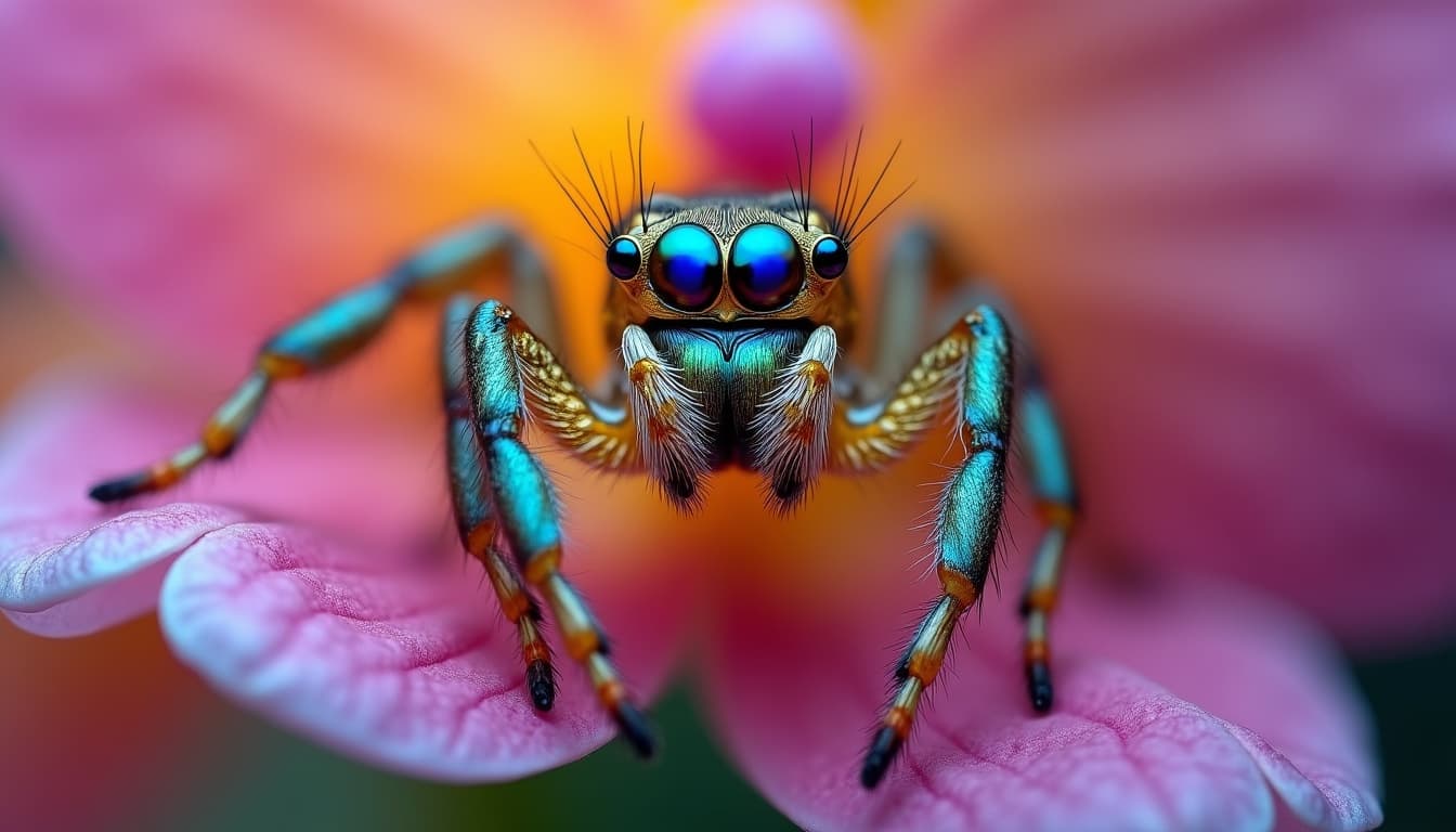 Jewel-Eyed Wonders: Iridescent Jumping Spider & Orchid Macro Art Bundle